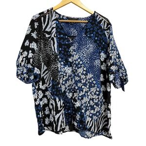 Investments Blouse Womens XL Blue Mixed Floral Zebra Button Front Tie‎ Sleeve
